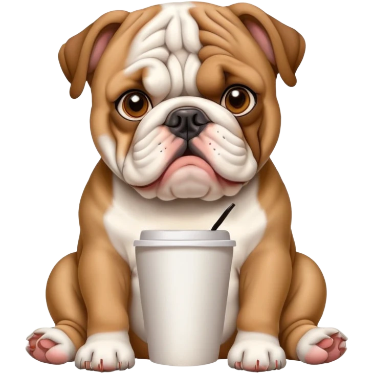 English bulldog sitting with a coffee cup emoji