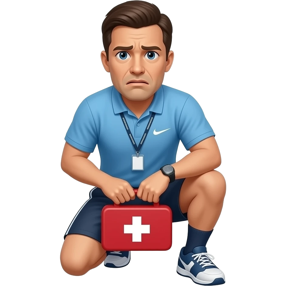 hazme un entrenador con ropa de esportista agachado i con un botiquin i que este preocupado emoji