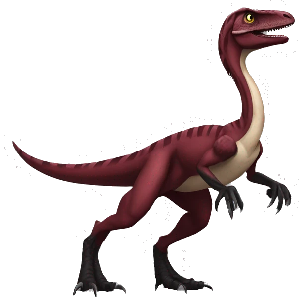 Cool edgy handsome Maroon-colored velociraptor with black wild mane full body emoji