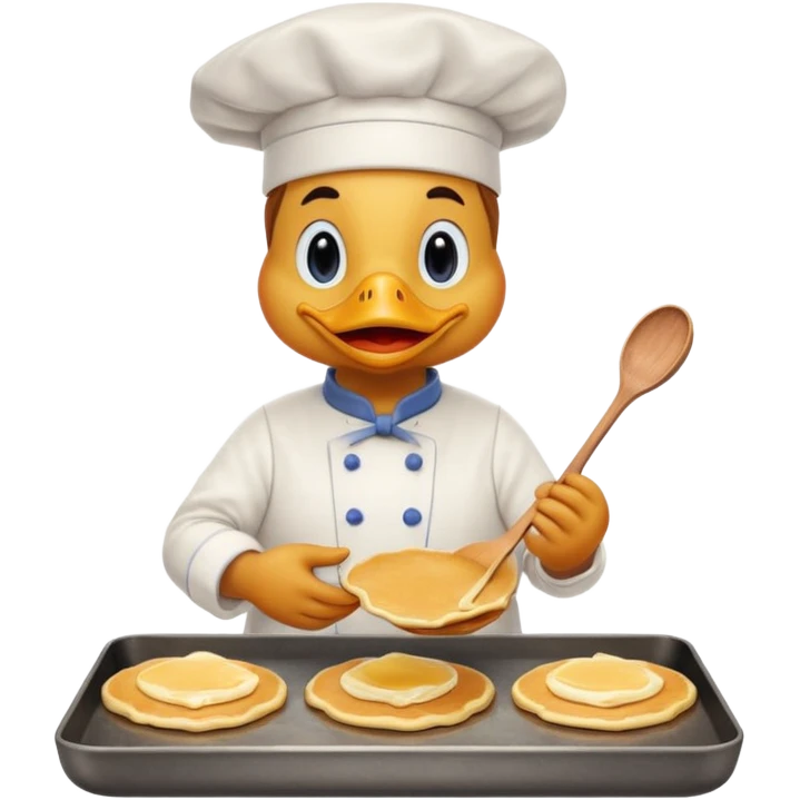 A chef duck wearing a tiny apron, making pancakes on a pan emoji
