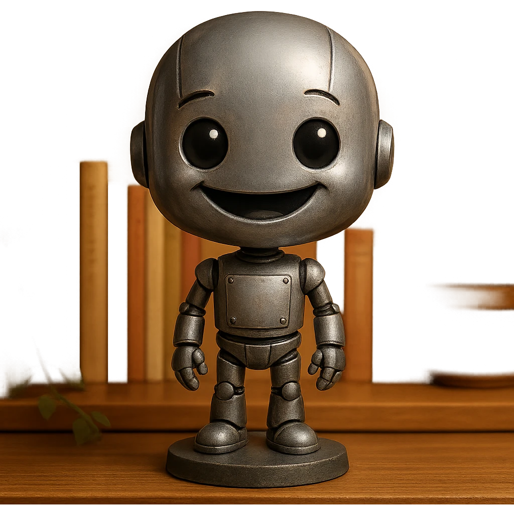 smiling robot, metallic body, oversized head emoji