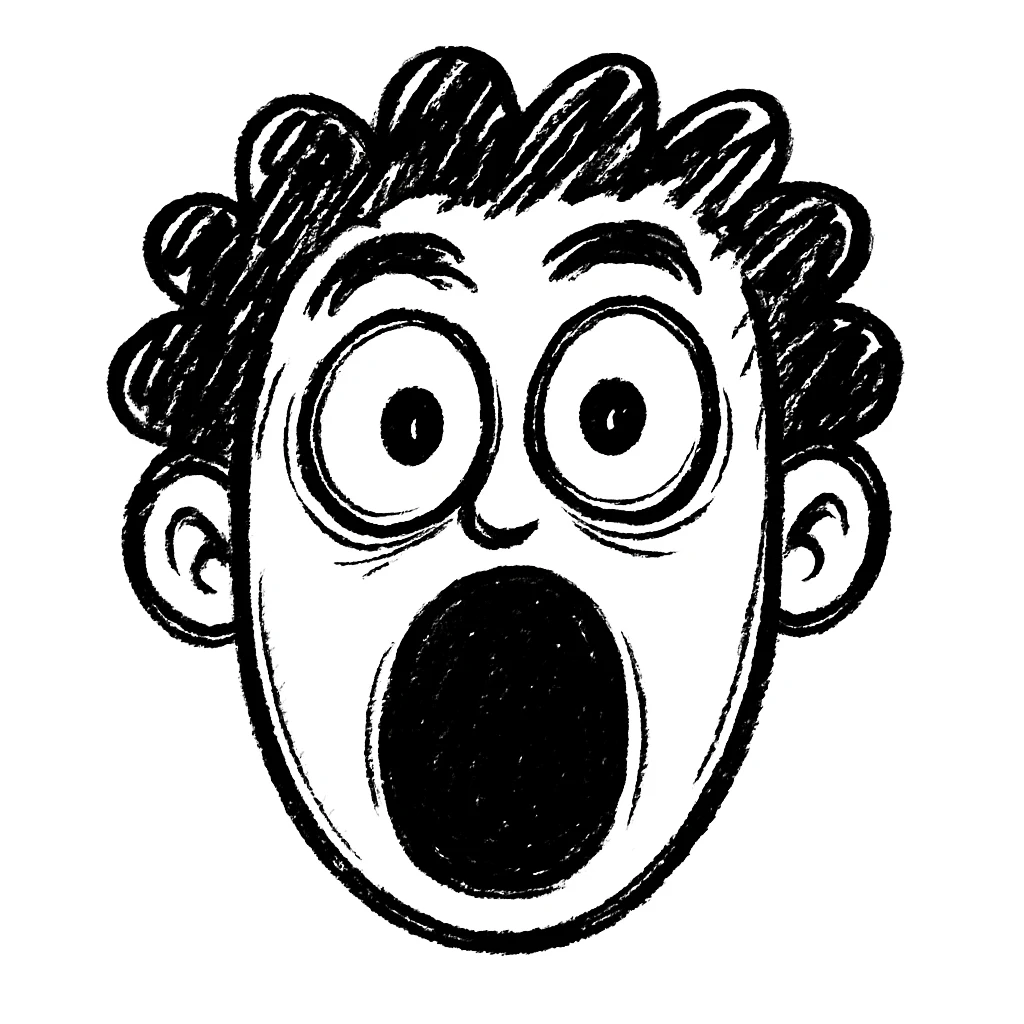 Make the surprised face emoji much more dramatic, with wide open mouth, raised eyebrows, and exaggerated eyes, in hand drawn doodle style. emoji