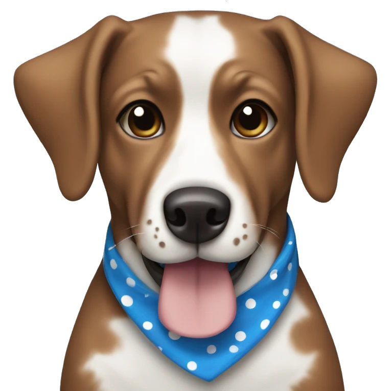 Brown and white dog wearing a blue polka dots bandana emoji