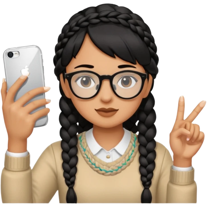 He has braid bangs on one side of his black hair, and he's wearing horn-rimmed glasses and taking a mirror selfie with his iPhone white color emoji