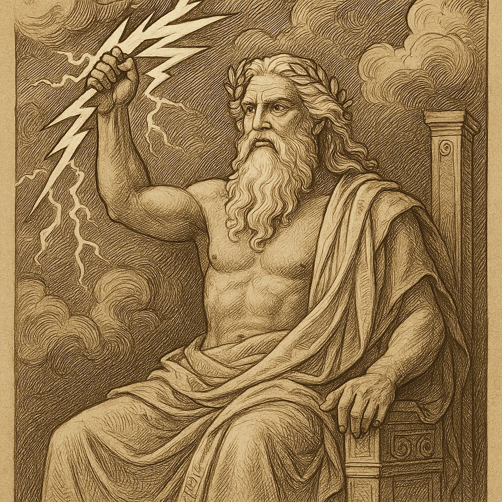 Zeus with a white beard and lightning, regal and majestic, ancient Greek style, detailed mythological illustration emoji