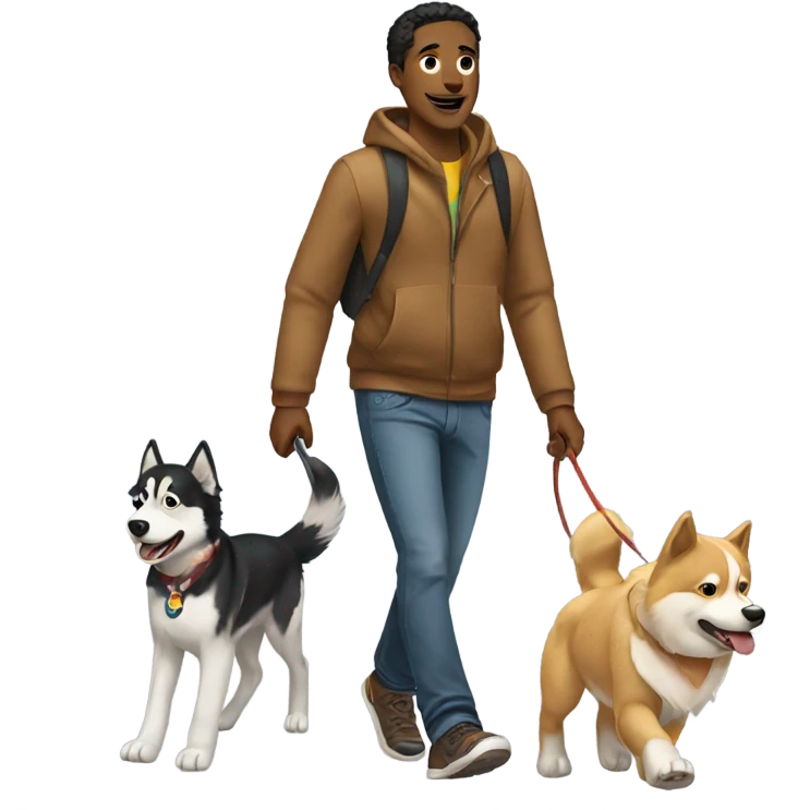 Man, walking a golden retriever and a husky emoji