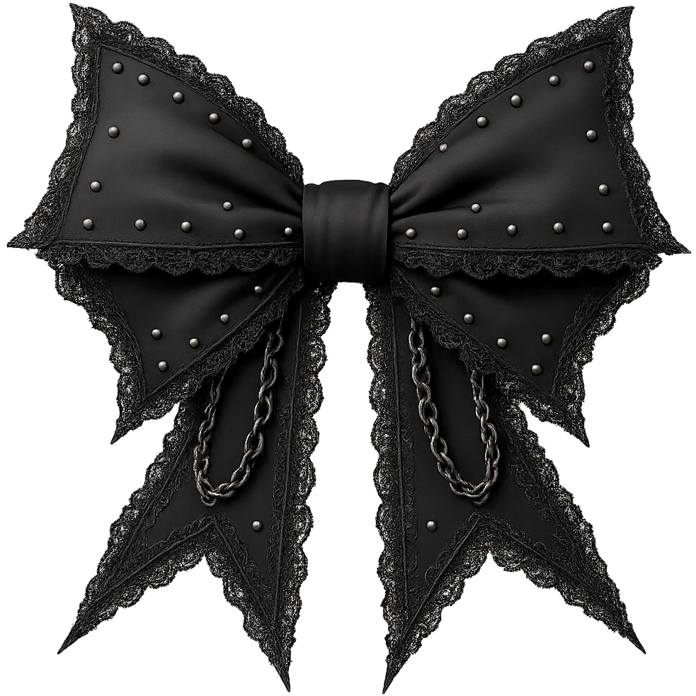 Make the white gothic bow even more dramatic: larger, with exaggerated pointed ends, extra lace, and ornate silver chains. Keep the background transparent. Maintain the gothic style and intricate details. emoji