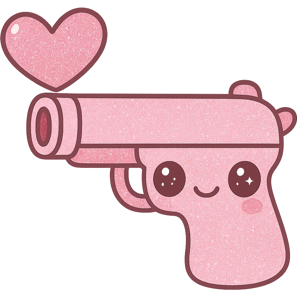Add sparkling glitter details to the kawaii pink heart pistol, keeping the cute face and big eyes, with no background. emoji