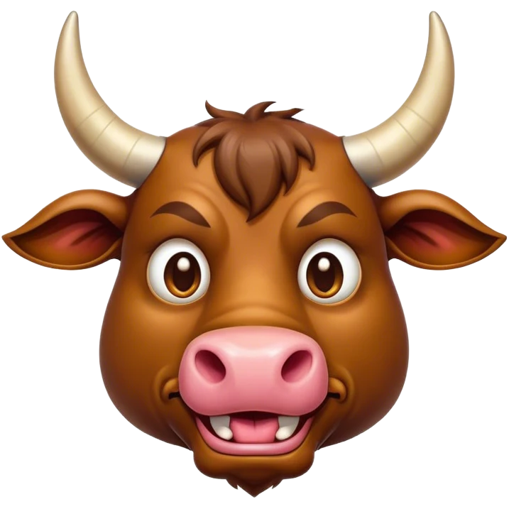 Cinematic Comical Domestic Bull Portrait Emoji, Head tilted dramatically with an exaggeratedly amused expression, featuring a striking, glossy coat with boldly defined horns and wide, expressive eyes brimming with playful disbelief, Simplified yet hilariously expressive features, highly detailed, glowing with a slightly sassy, earthy glow, high shine, dramatic yet playful, stylized with an air of cheeky rural mischief, soft glowing outline, capturing the essence of a spirited and over-the-top domestic bull that looks ready to charge its way into internet fame instantly! emoji