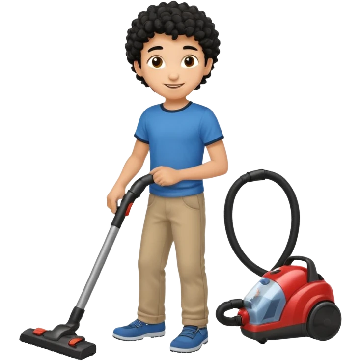 Emoji to encourage kids to do chores - should contain something about house chores, ok replace the broom with a vaccum make it atheltic boy 8 years old - egyptian with curly hair but not too curly -  emoji