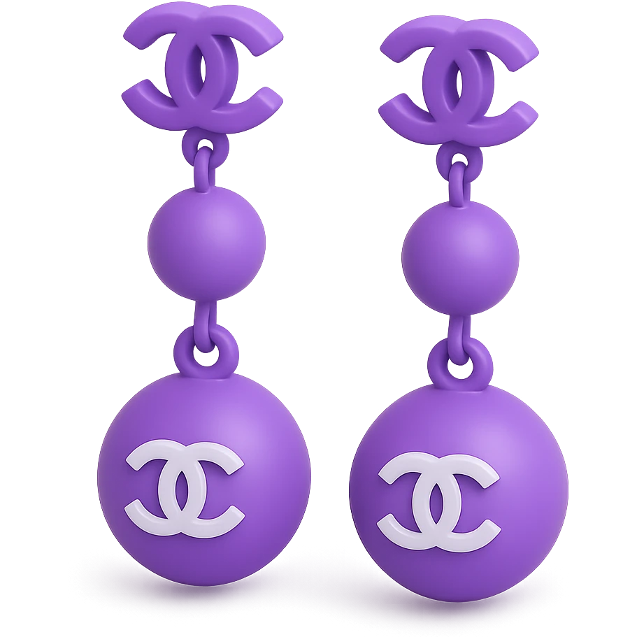 Glossy purple 3D emoji-style drop earrings with a small silver Chanel logo charm, elegant, no background. emoji