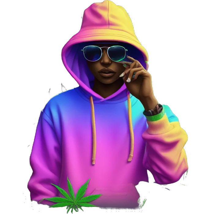 Hemp leaves Multicoloured neon person smoking wearing hoodie dancing hip hop bucket hat tropical Skater fashion aesthetic baggy clothes graphic t shirt 420 emoji