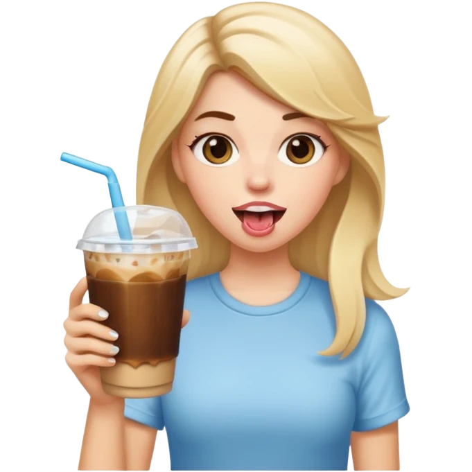 Brunette white girl with blonde ends holding iced coffee and sticking her tongue out  emoji