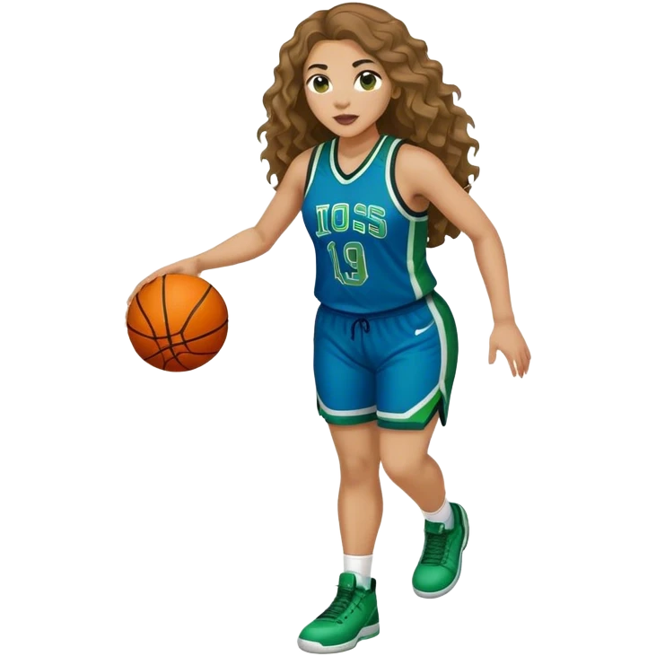 full figure light latino women basketball player with long  wavy hair wearing blue and green uniform emoji