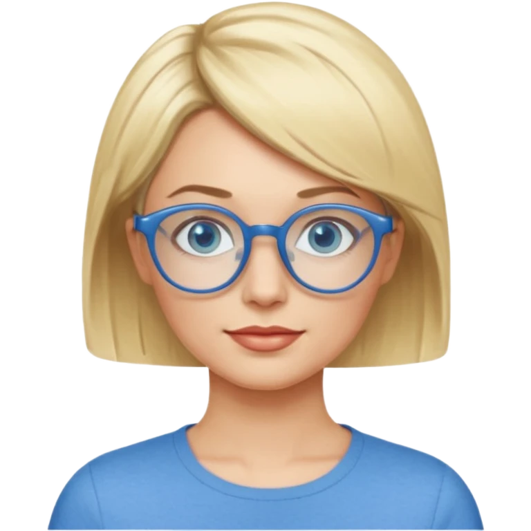 femme 40 ans cheveux garçon blond avec raie sur le coté, yeux bleu et lunettes rondes bleues emoji