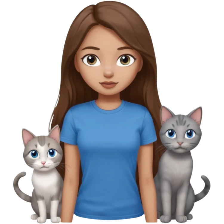 a pretty bratz dusky light skin girl with long brown hair, blue eyes with six cats nd wearing a grey tshirt emoji