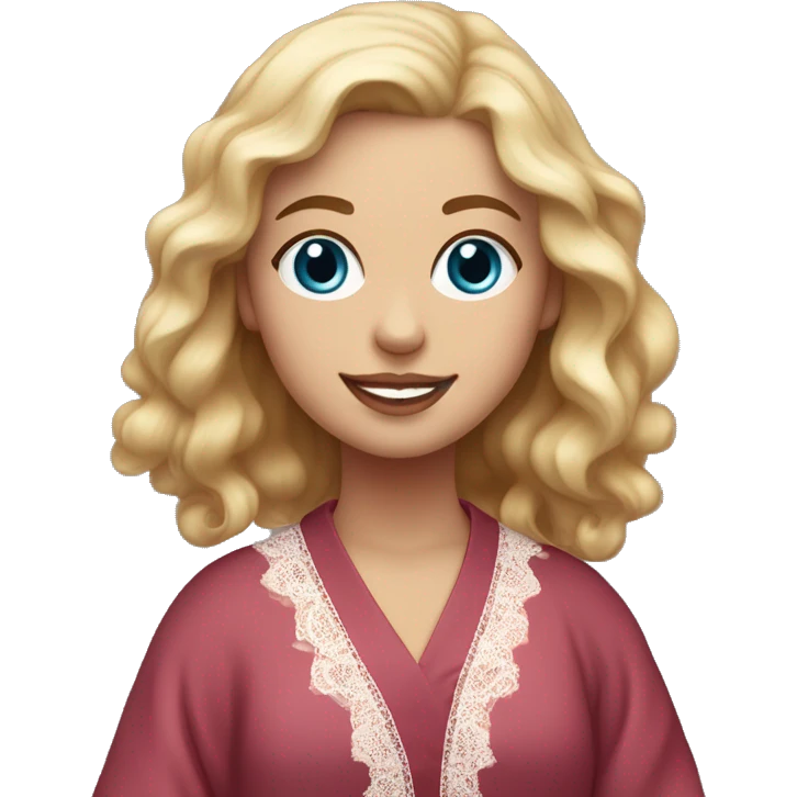 a girl with light wavy hair just below her shoulders, with blue eyes, full lips, pink cheeks, plump skin, in a lace burgundy robe with a smile emoji