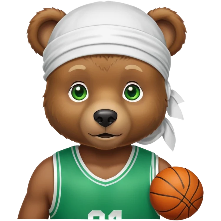 Cute brown bear with green eyes shown up to shoulders, wearing a white durag and black basketball jersey, visible upper chest and shoulders, iOS emoji style emoji