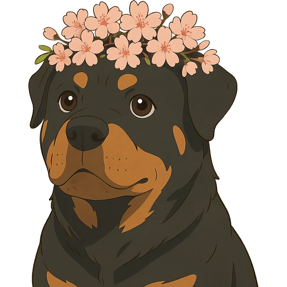 rottweiler with a cherry blossom flower crown in ghibli style emoji