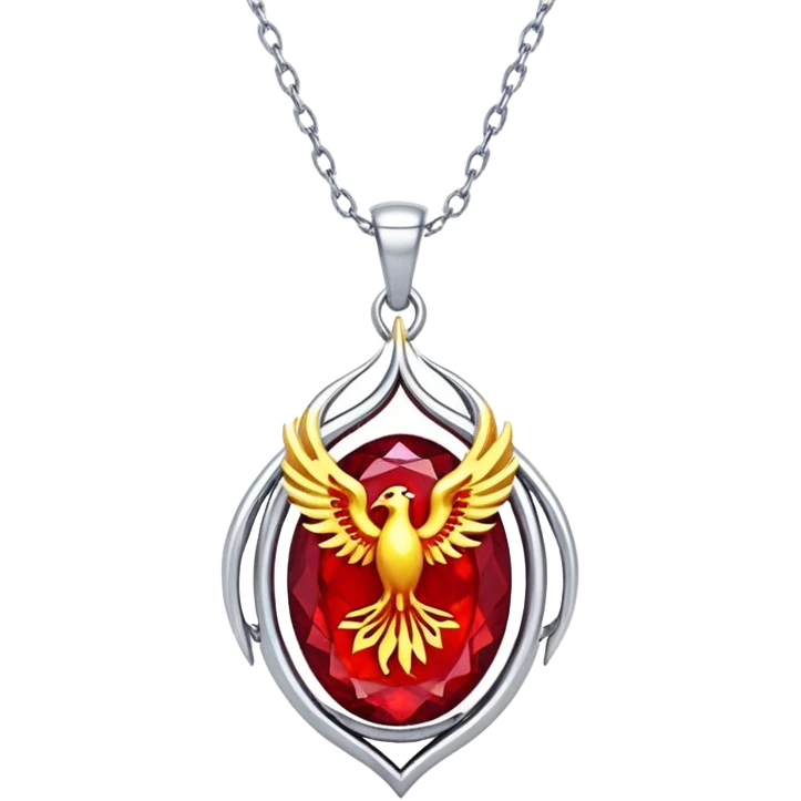 phoenix-inspired ruby pendant, deep red core with yellow ember edges, floating silver chain emoji