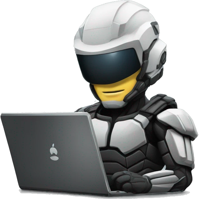 Side view developer behind his laptop with this style: Crytek Crysis Video game with character on the theme of hackers nanosuit Swift programming language emoji