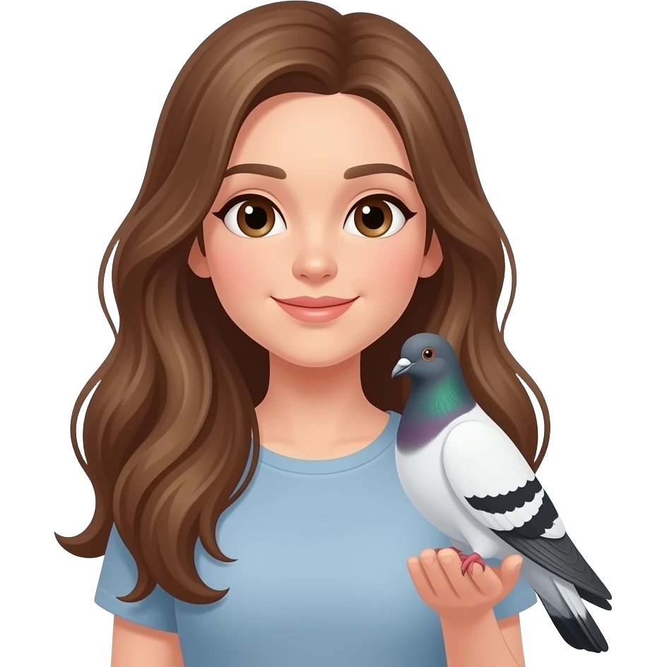 Women long haired holding  her pet dove ( white body - black wing part and head ) emoji