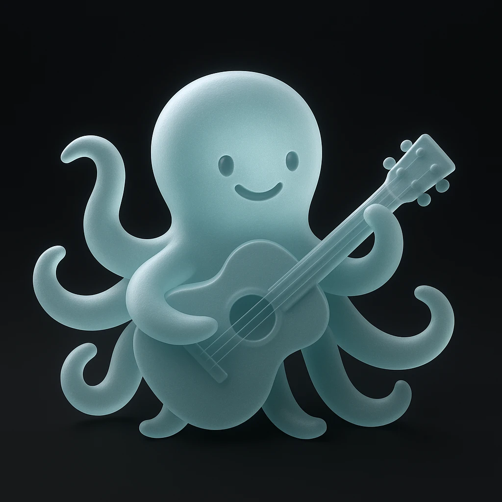 happy octopus with multiple arms playing guitar emoji