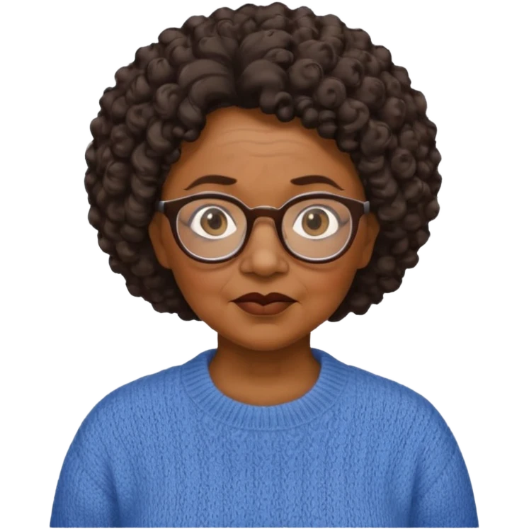 Old black woman, solemn, wearing glasses and sweater, short curly hair emoji