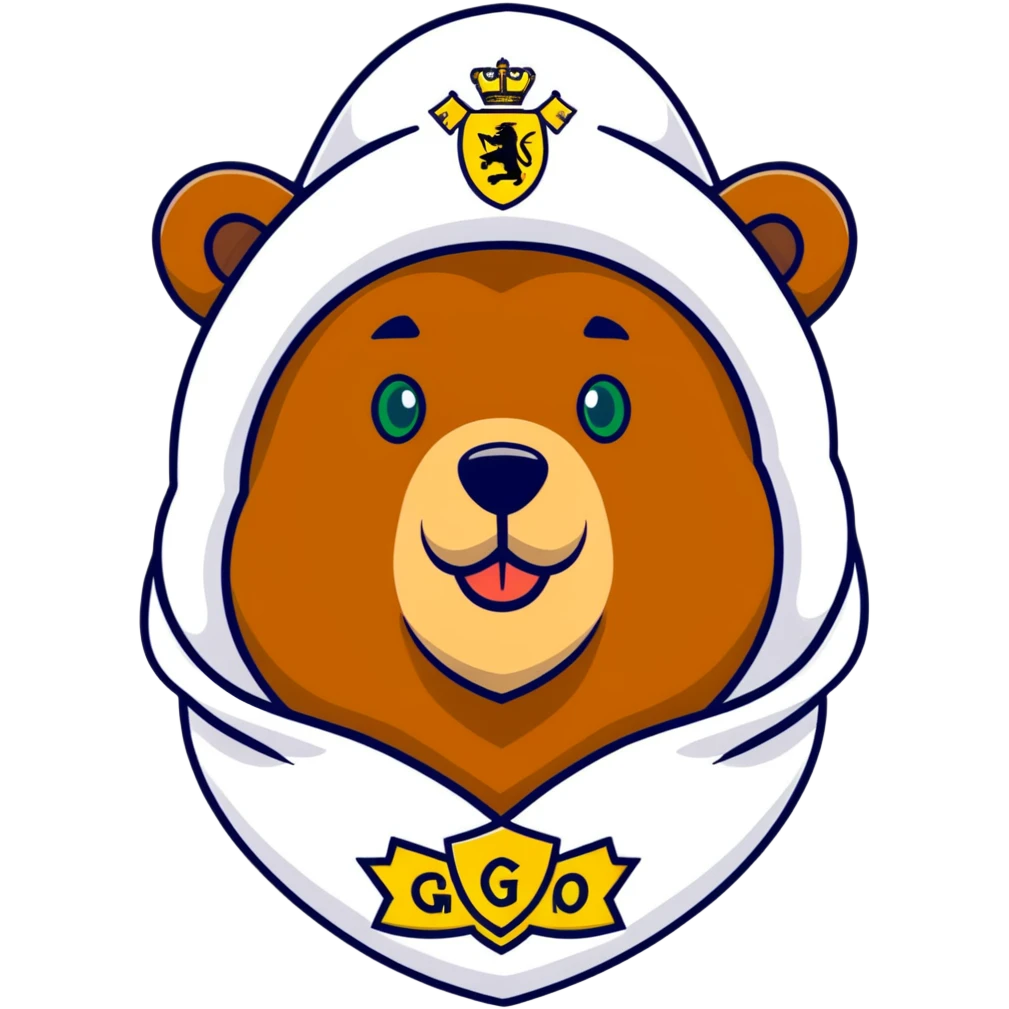 Cute grizzly bear face with green eyes, wearing a white fur hat with golden Russian coat of arms in the middle emoji
