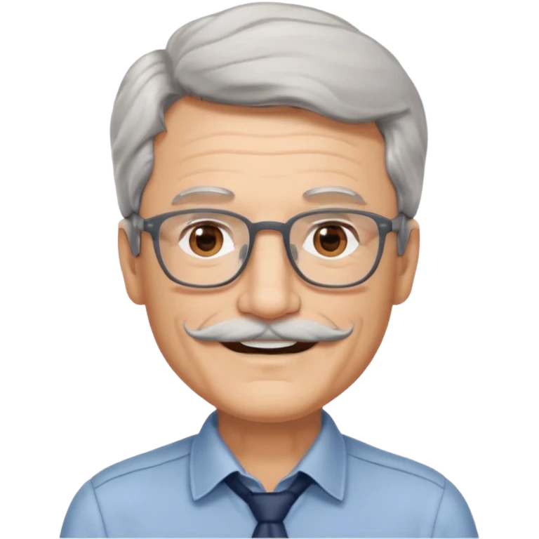 Generate a portrait of a slightly older man with glasses. His hair is quite thin, gray, but wavy. He has brown eyes, a mustache, and is smiling. emoji