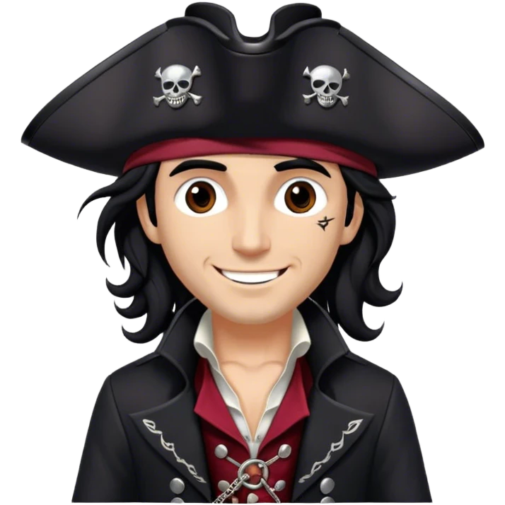 A charismatic pirate with wavy black hair that falls just past his shoulders, tousled slightly by the sea breeze. He wears a black tricorn hat with subtle silver embroidery along the edges, casting a shadow over his sharp, confident features. His piercing dark eyes glint with mischief as he gazes to the side, a knowing smile playing at his lips. His well-fitted black coat, adorned with polished silver buttons and intricate stitching, moves slightly with the wind, revealing glimpses of a deep-crimson waistcoat underneath. A silver chain dangles from his belt, catching the dim golden light of the setting sun. His posture is relaxed yet assured, exuding effortless charm as if he owns the sea itself. emoji
