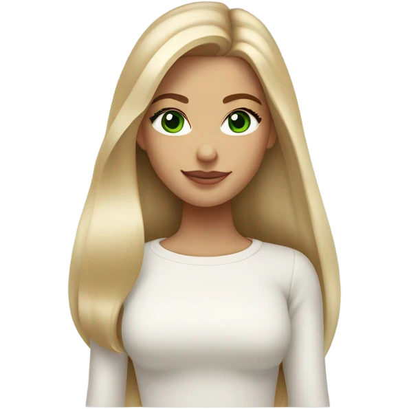 solo blonde girl with green eyes, smooth skin, white sweater, long blow out hair, baddie, middle part emoji