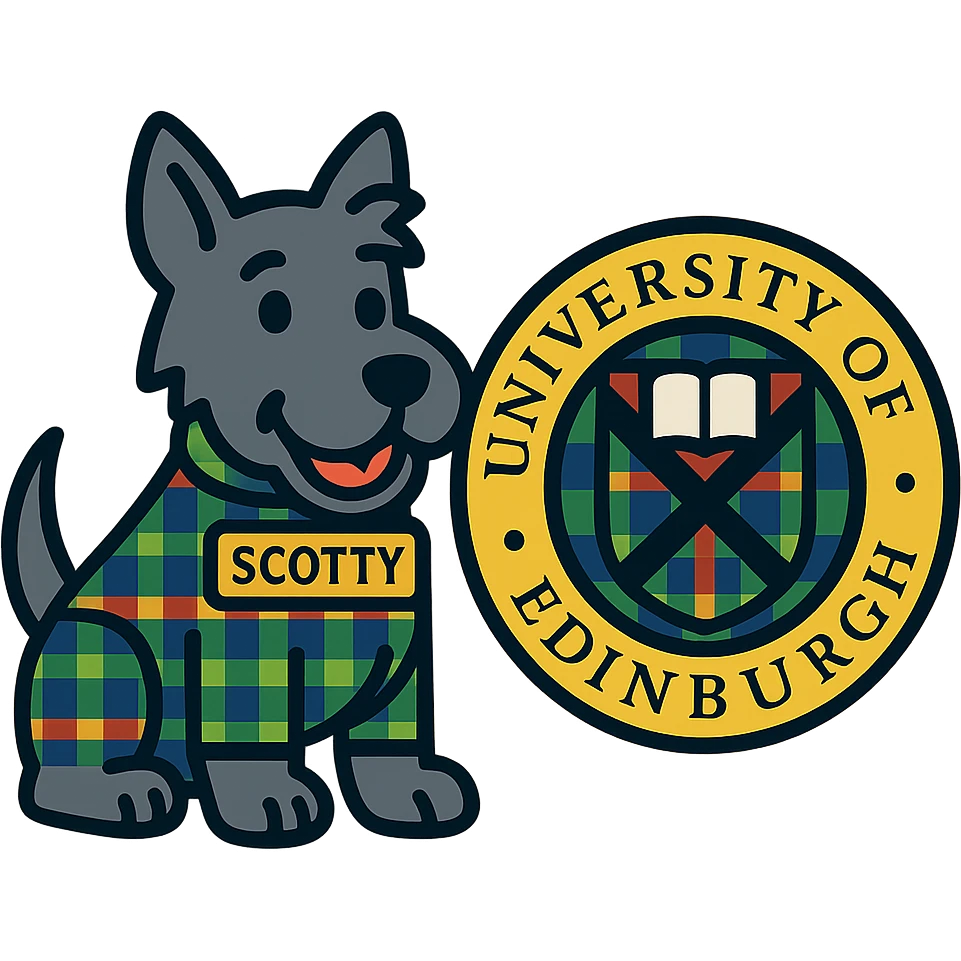 Change the tartan colorway for Scotty and the school seal together to a different tartan pattern, maintain a harmonious composition and modern icon style, no background. emoji