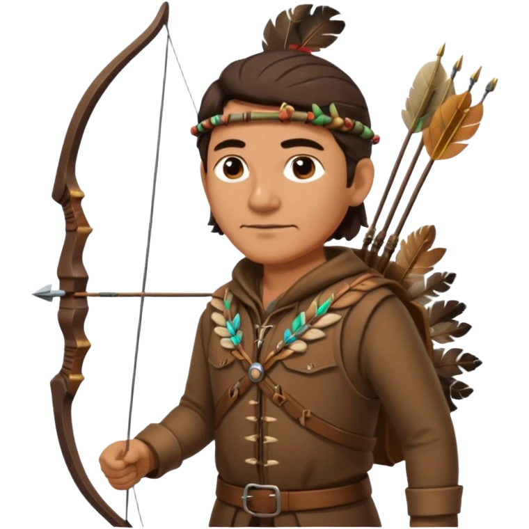 A classic middle-aged hunter with a bow and arrow on his back, dressed in brown clothes and adorned with decorations made of feathers or bone teeth emoji