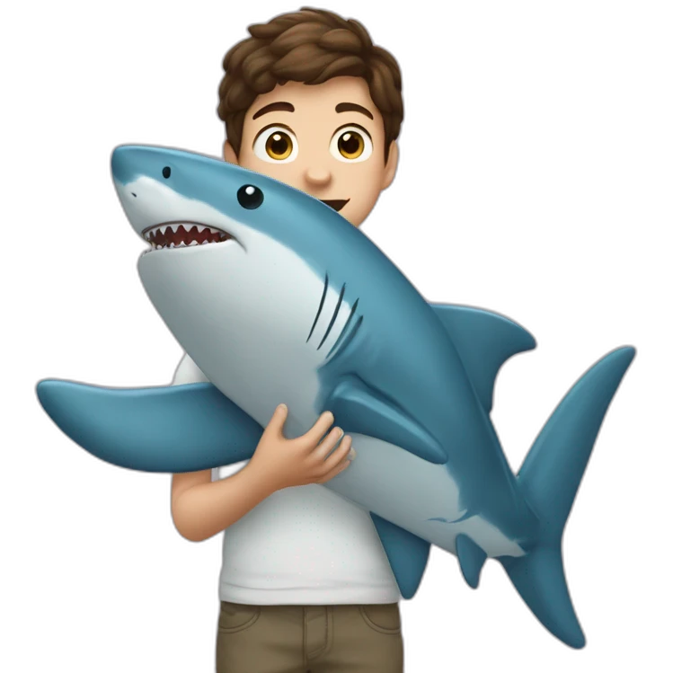 a 12-year-old boy with brown hair holds a large stuffed shark toy in his hands emoji