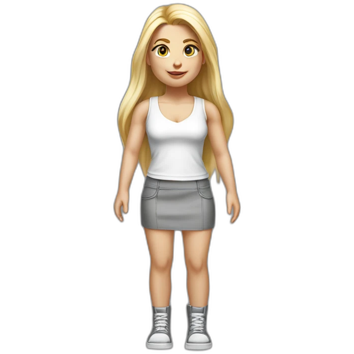 hyperrealistic caucasian blonde, long straight hair, white deep v-neck crop tanktop, gray tight mini skirt, walking body view emoji