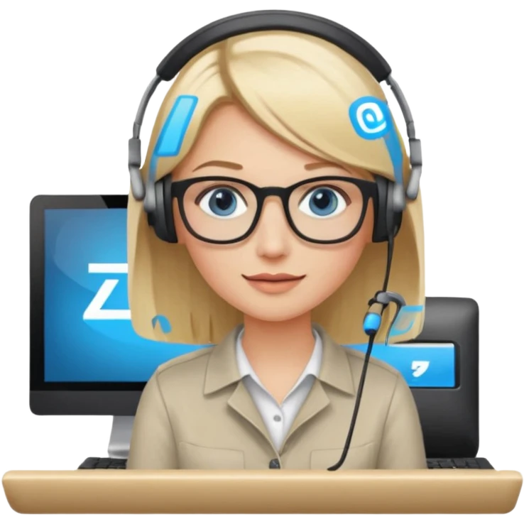 donna bionda occhi azzurri con occhiali, capelli media lunghezza lisci, è al pc è una grafica editoriale e redattrice emoji