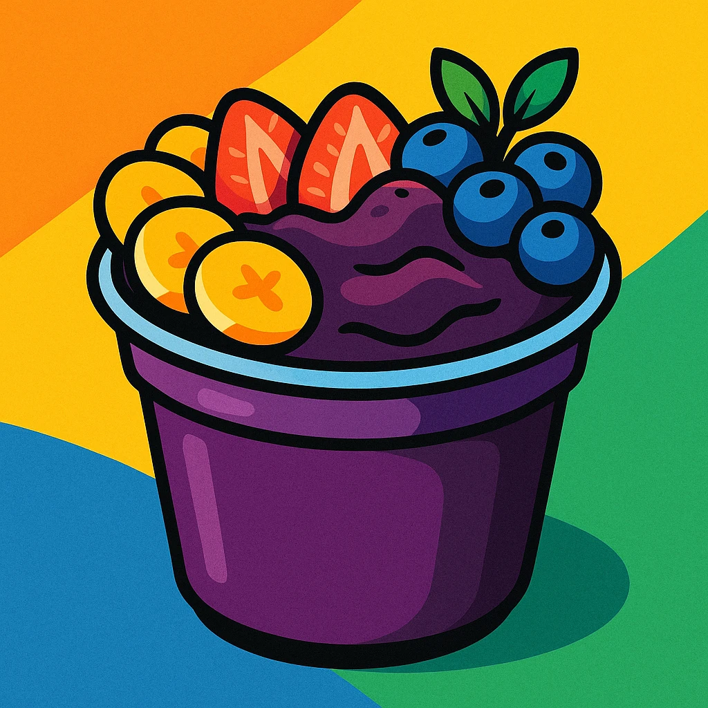 Acai bowl in a purple plastic cup, vibrant, healthy, with fruit toppings, stylized illustration emoji
