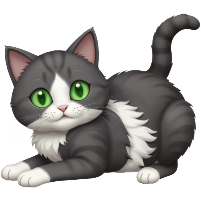 dark grey cat with green eyes, white toes/paws and white patch on her chest playfully rolling upside down emoji