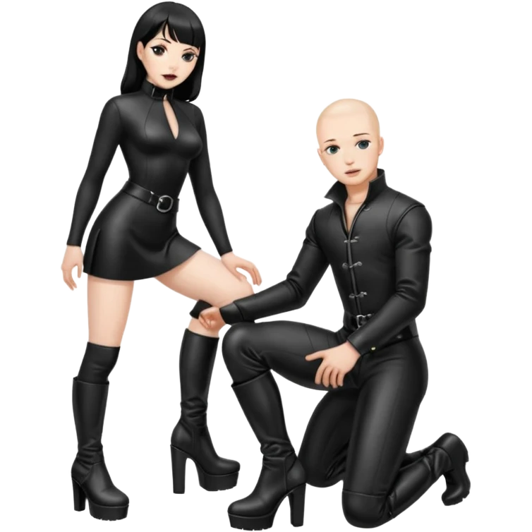 Create a Dominatrix with platform boots and a male slave next to her emoji