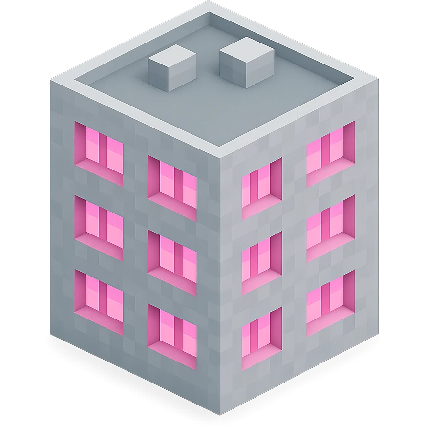 Russian panel apartment building, square block shape, light gray concrete, windows glowing pink, isometric view emoji