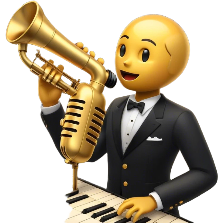 Create a vibrant and expressive emoji representing jazz vocal performance. The design should feature a vintage microphone at the center, surrounded by musical notes and soundwaves flowing outward, symbolizing the vocal improvisation and fluidity of jazz. Include key instruments often associated with jazz vocals, such as a jazz piano (stylized black keys) in the background and a saxophone or trumpet, giving it a true jazz vibe. Add soft lighting effects to evoke the intimate, atmospheric feel of a jazz club. Use rich colors like gold, black, deep purple, and red to reflect the soulful, smooth nature of jazz. The background should be transparent. emoji