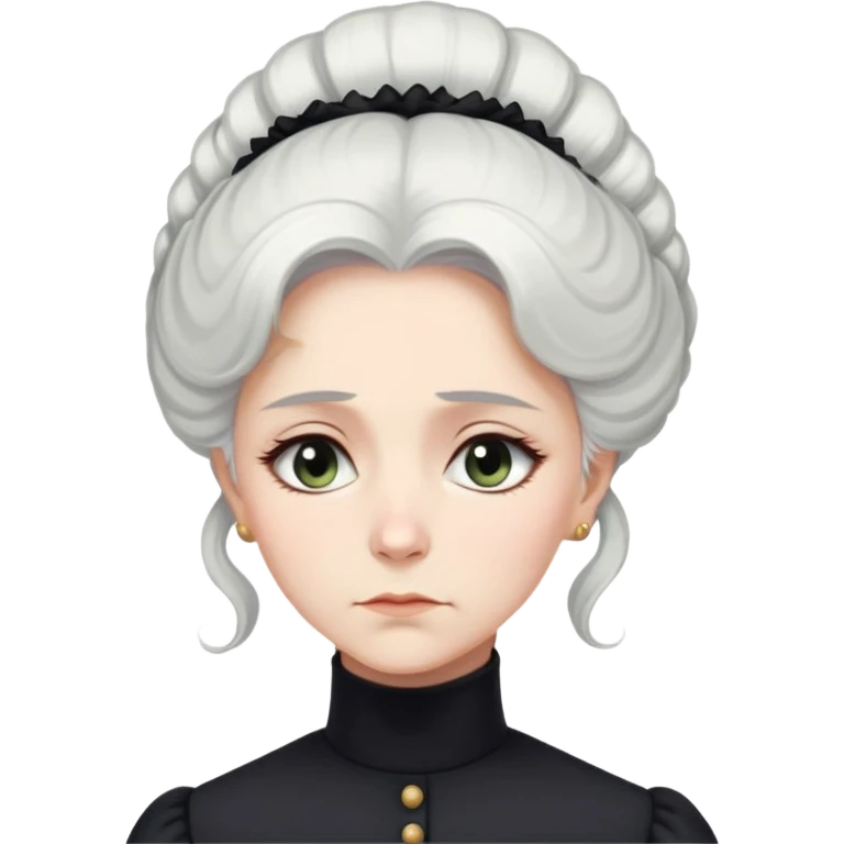 A Victorian woman with elegant coiffed white hair and light eyes wearing a modest unadorned black turtleneck mourning dress looking down with a forlorn expression emoji