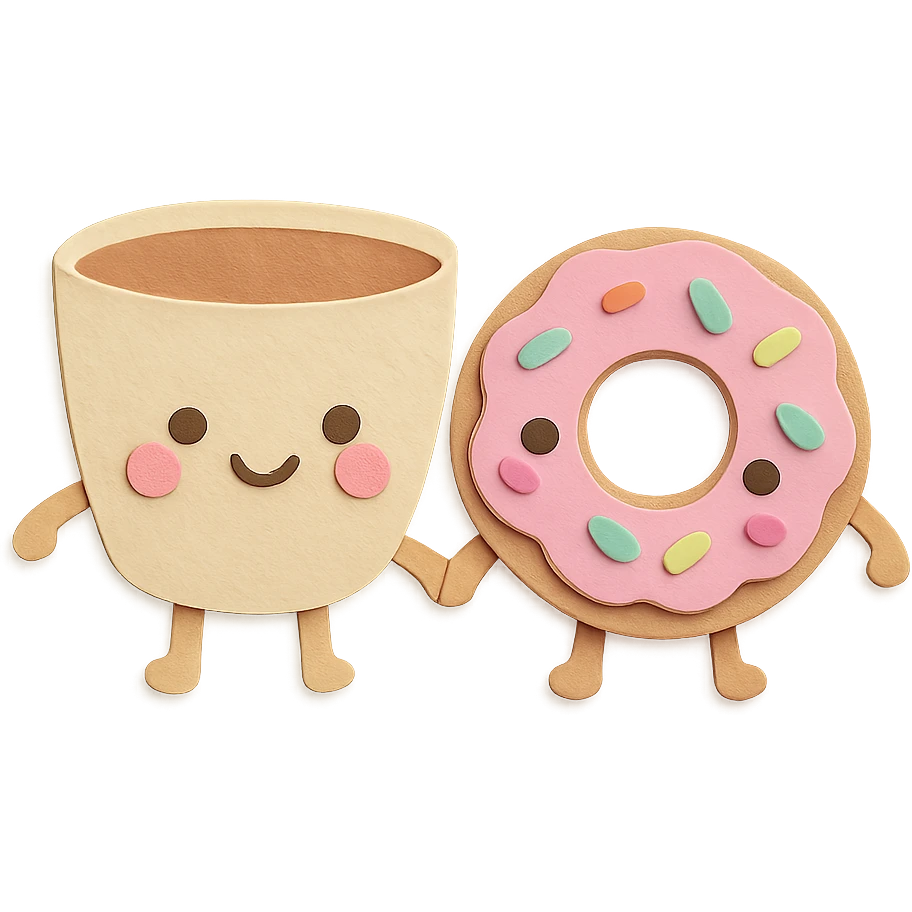 cute coffee cup and donut holding hands, soft pastel kawaii style, transparent background emoji
