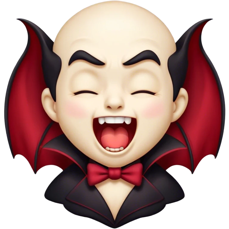 Cinematic Cute Yawning Vampire Portrait Emoji, with a small, rounded, charming pale face accented with tiny playful fangs and droopy, half-closed eyes, head tilted in an adorable wide yawn, dressed in miniature elegant dark attire with a hint of crimson, simplified yet irresistibly endearing, highly detailed with a soft, mysterious glow and gentle outline that captures the cute, drowsy side of an immortal! emoji