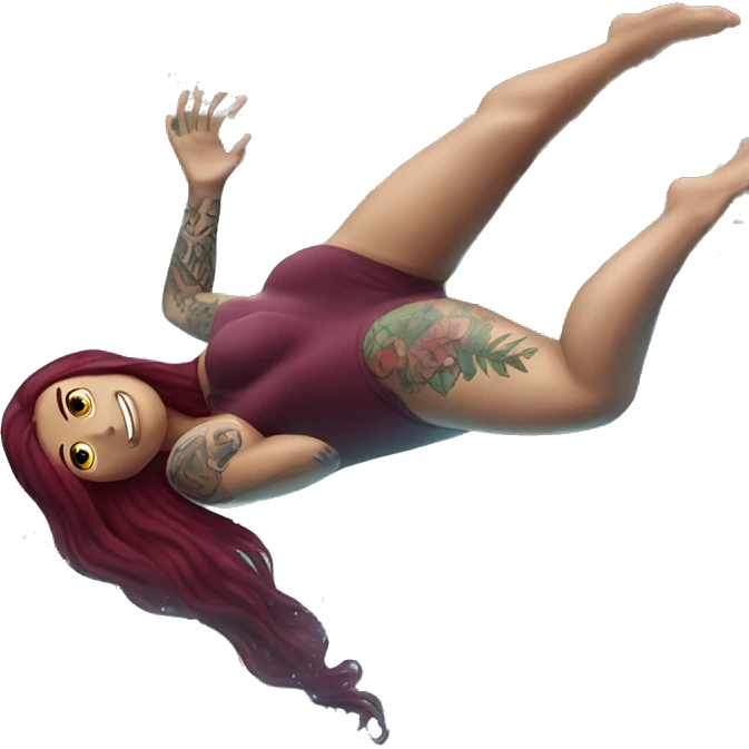 Beautiful tattooed  burgundy long haired woman swimming in a pool emoji