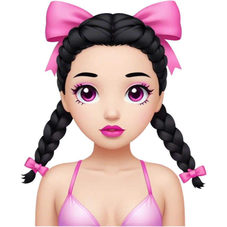 one braid black hair, black eyes, pink lips, long lashes, wearing pink bow and white swimsuit emoji