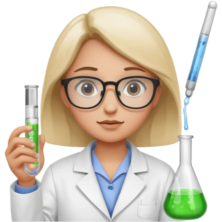 Portrait of a young scientist wearing a white lab coat, glasses, holding a test tube, curious expression emoji