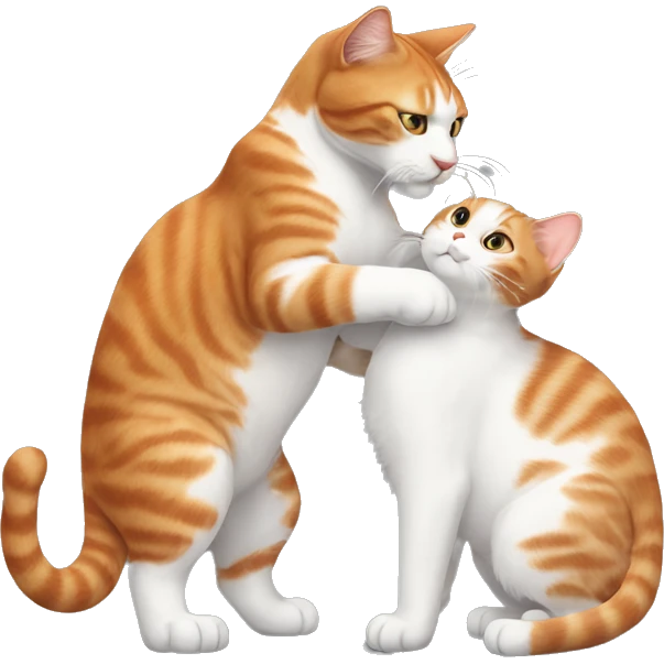 A big red cat playing with a small white-gray kitty emoji