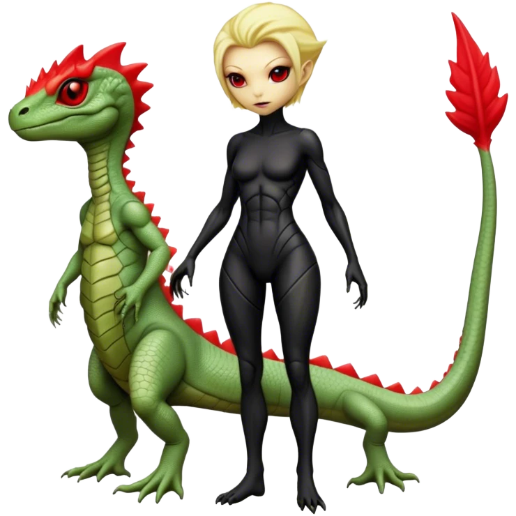a blonde reptilian alien woman,  red crest as, men in black, full body, full figure emoji